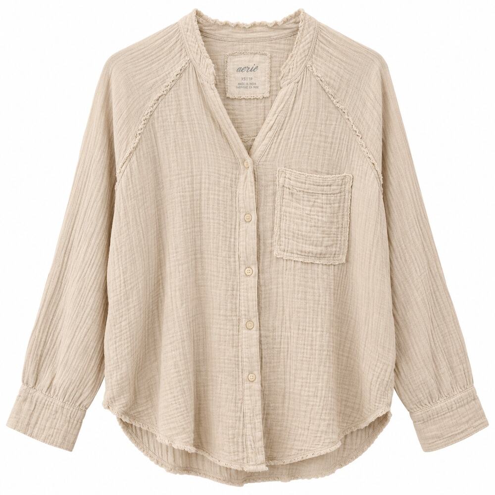 Aerie Gauze Button Down Shirt Beige Raw Hem Womens XS Oversized Boho Lightweight